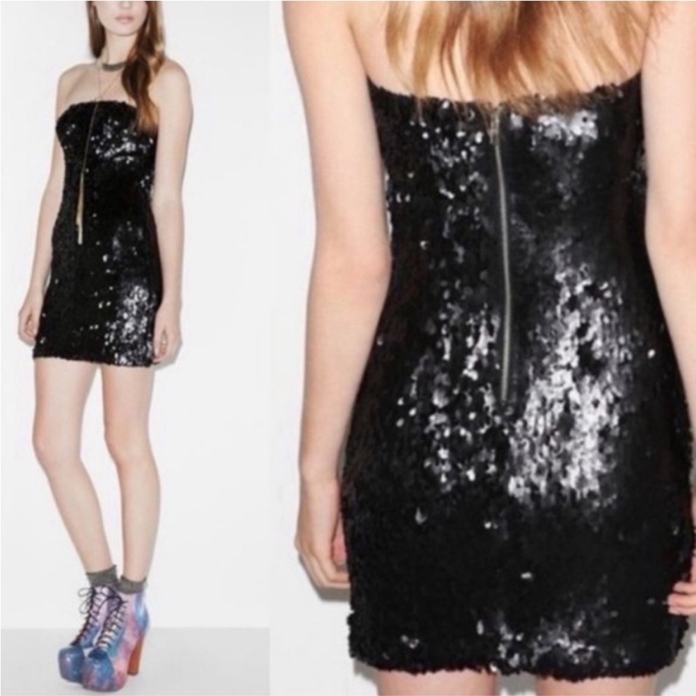 Urban Outfitters Sparkle and Fade Strapless Black Sequin Mini Dress